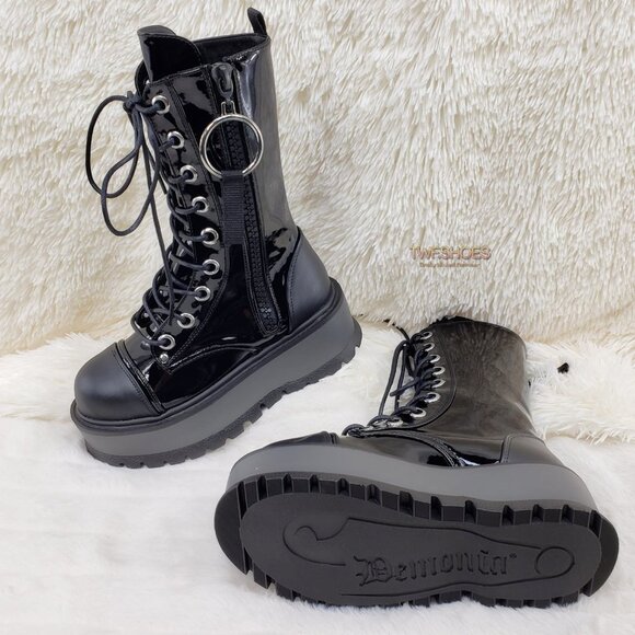 Patent Matte Platform Mid Calf Goth Punk Boots - Picture 8 of 14